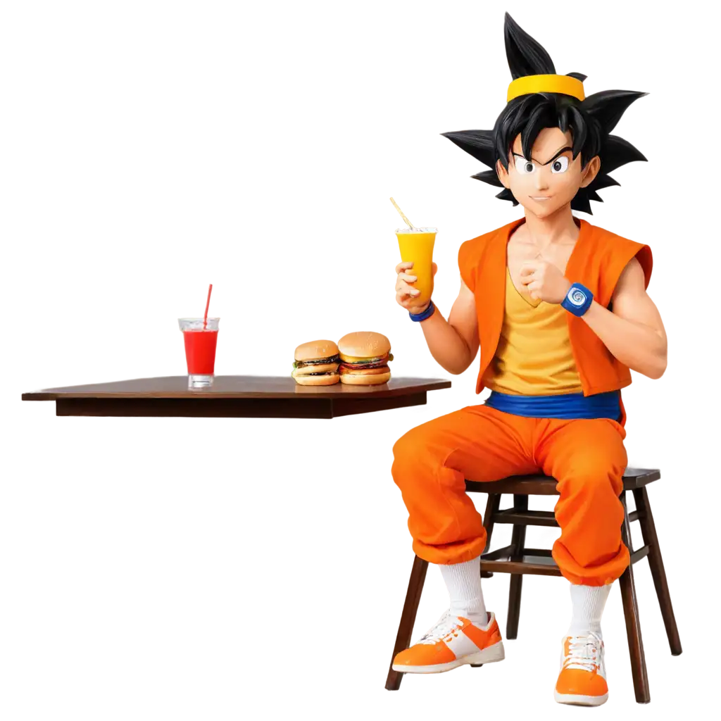 Generate an image of Goku, the Dragon Ball character, sitting in a Peruvian bar. Goku is enjoying several stacked hamburgers in front of him and having a traditional Peruvian drink. The bar should have authentic Peruvian decoration with elements such as the Peruvian flag, posters of local drinks, and a welcoming atmosphere. Goku should be wearing his iconic orange martial arts suit but with a happy and satisfied expression while eating and drinking