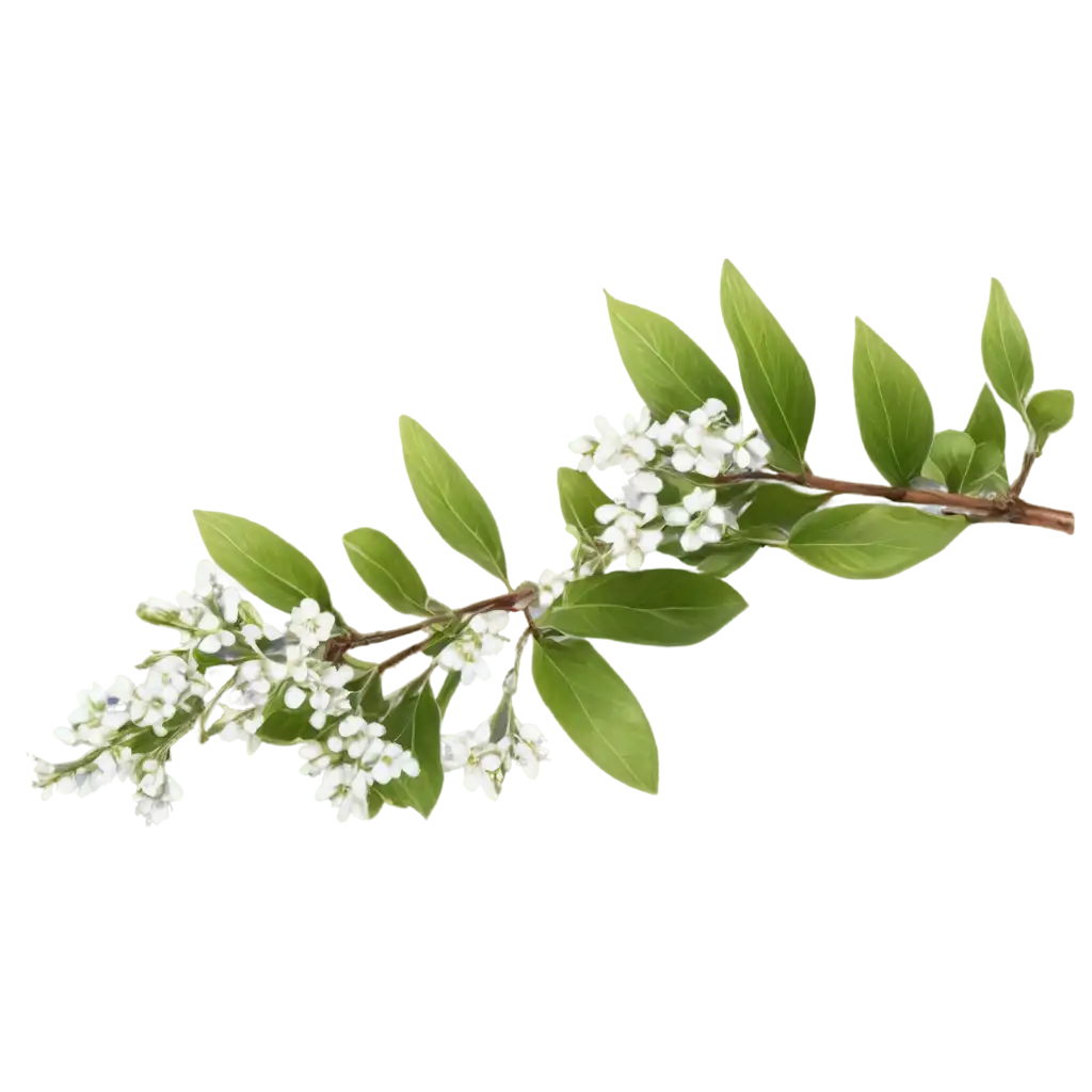 a branch with white small flowers and green leaves