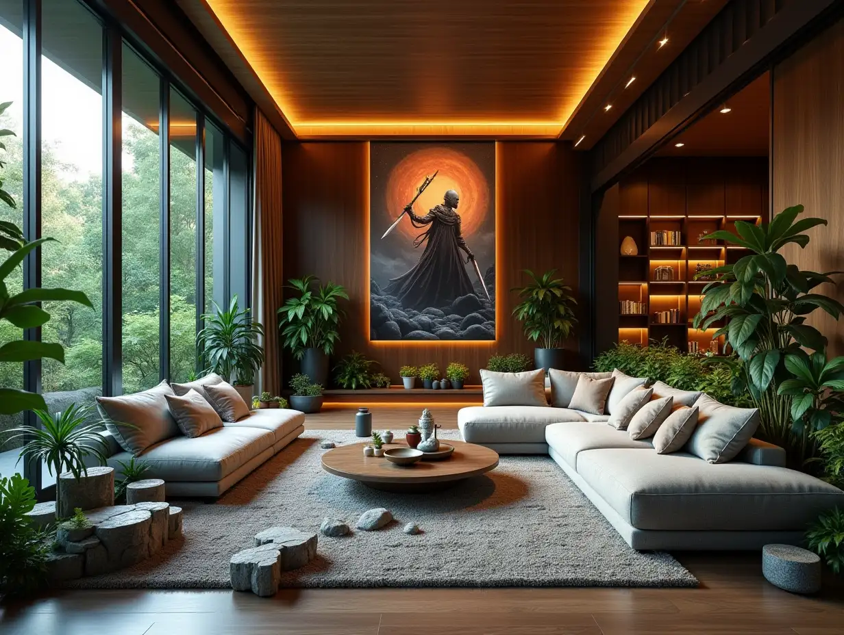 Large modern living room lighting with furniture very many plants with Demon Slayer image on the wall Zen garden with carefully tended rocks, a meditative 180 degree shot 8K resolution Colorful