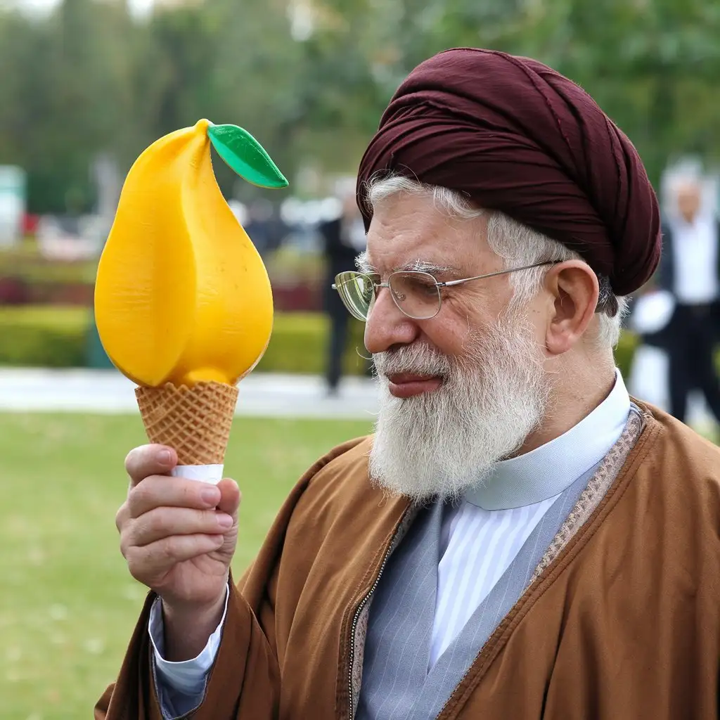 Ayatollah khamenei licking an ice cream shaped exactly like a mango