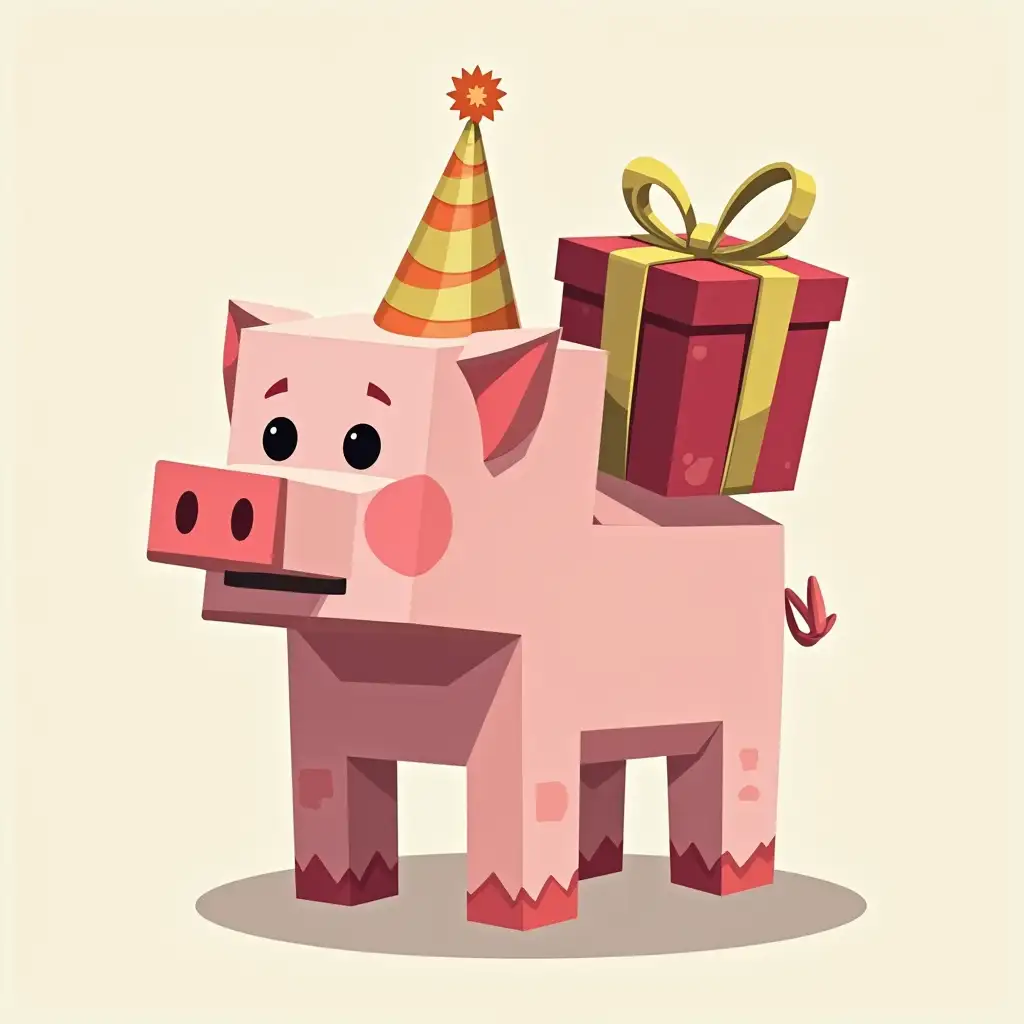 Pig from the game Minecraft RubennDrawn in a vector illustration.nHead square like a pig in the game.nCarrying a birthday gift on its back.