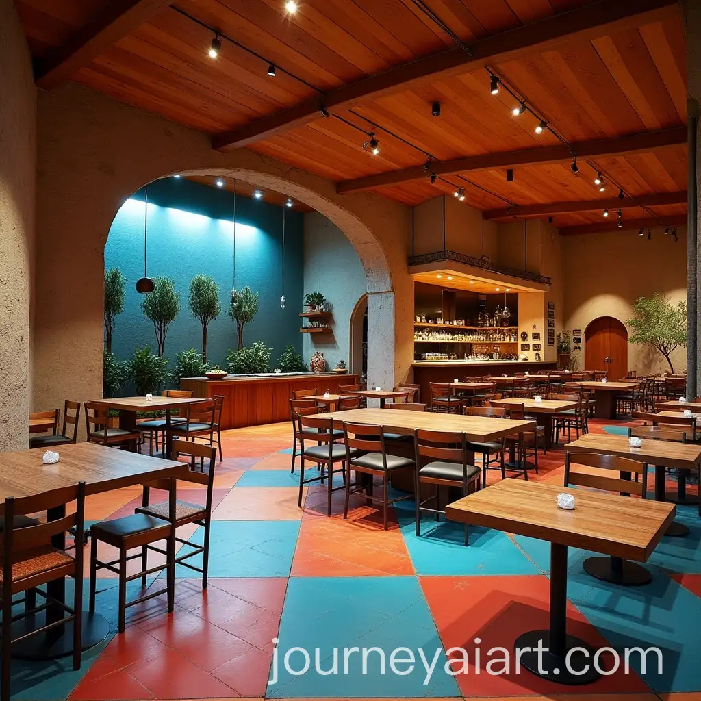 Modern-Mexican-Restaurant-with-Unique-Bar-and-Tables-in-Blue-Red-and-Brown