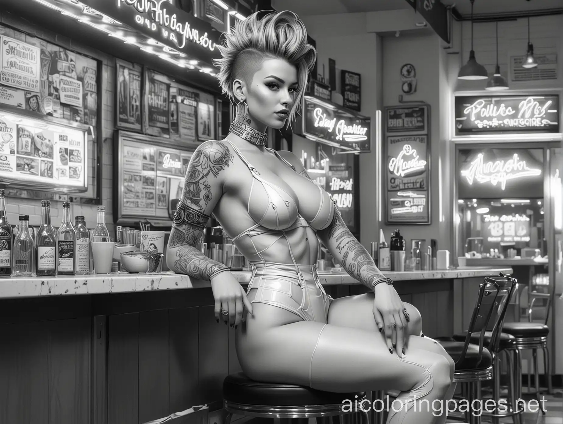 Cyberpunk-Woman-in-Diner-Under-Neon-Lights-Coloring-Page