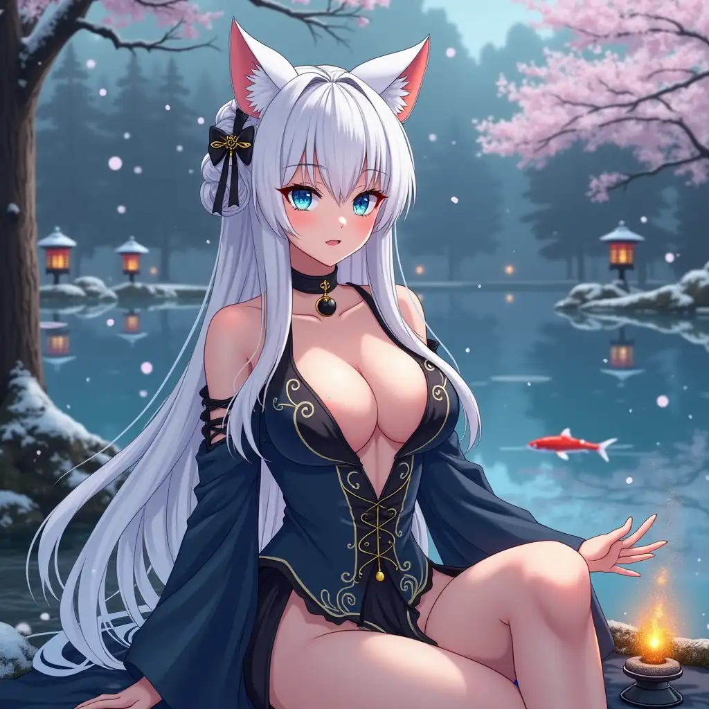 Anime mature adult woman with an hourglass body who looks like she is in her 30's with big breast, extreme cleavage, blue eyes, black and gold earrings, a choker around her neck, long white hair and white cat ears on her head. She is in a extremely revealing Miko outfit in the spring time sitting by a koi fish pond. The background is snowing with Japanese trees blowing in the wind. She light up small laterns for the event tonight.