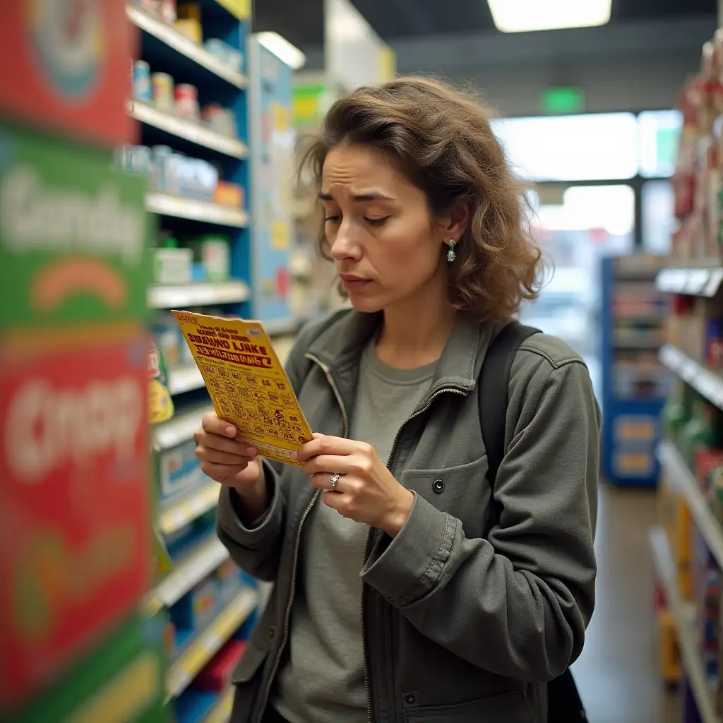 Show an image of a confused middle aged woman in a convenience store trying to pick a scratch off lottery ticket where there are too many choices.