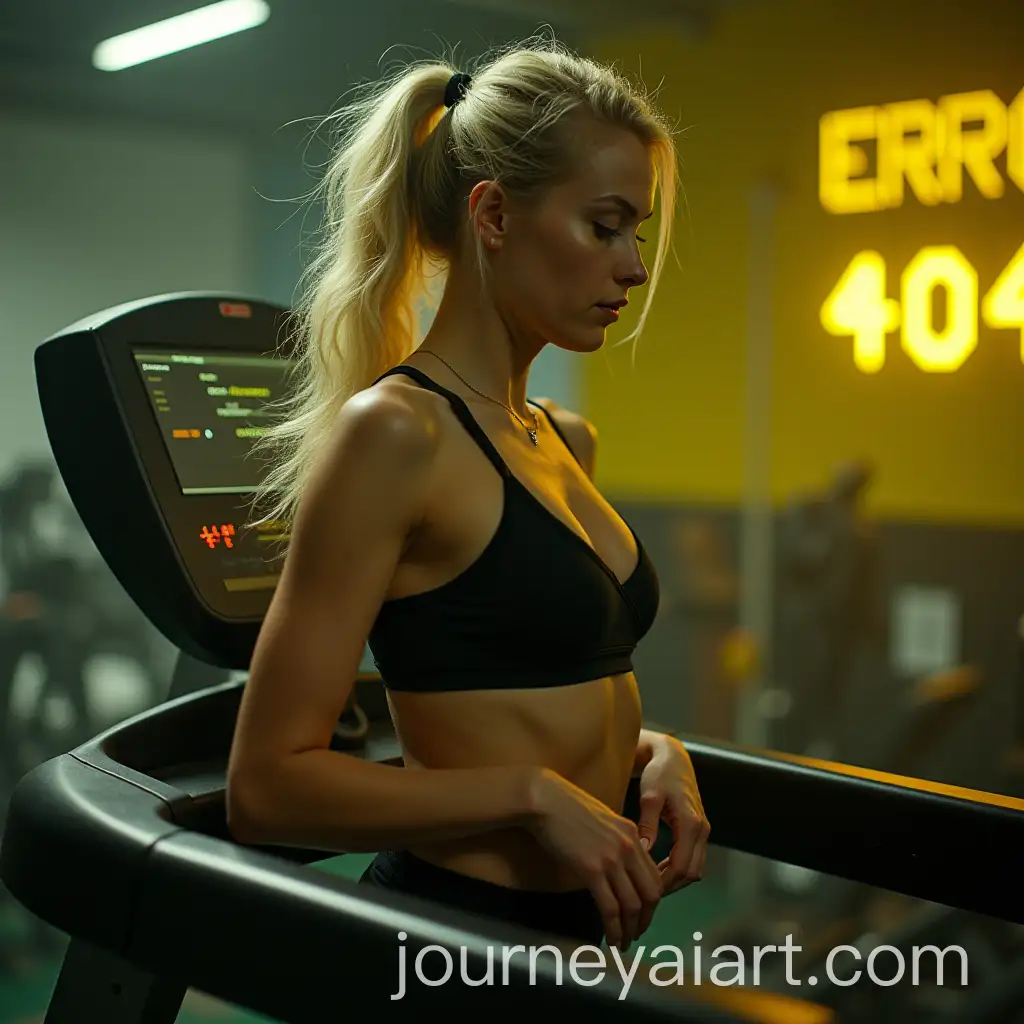 Woman-Collapsing-on-Treadmill-with-ERROR-404-Display-in-Cyberpunk-Style