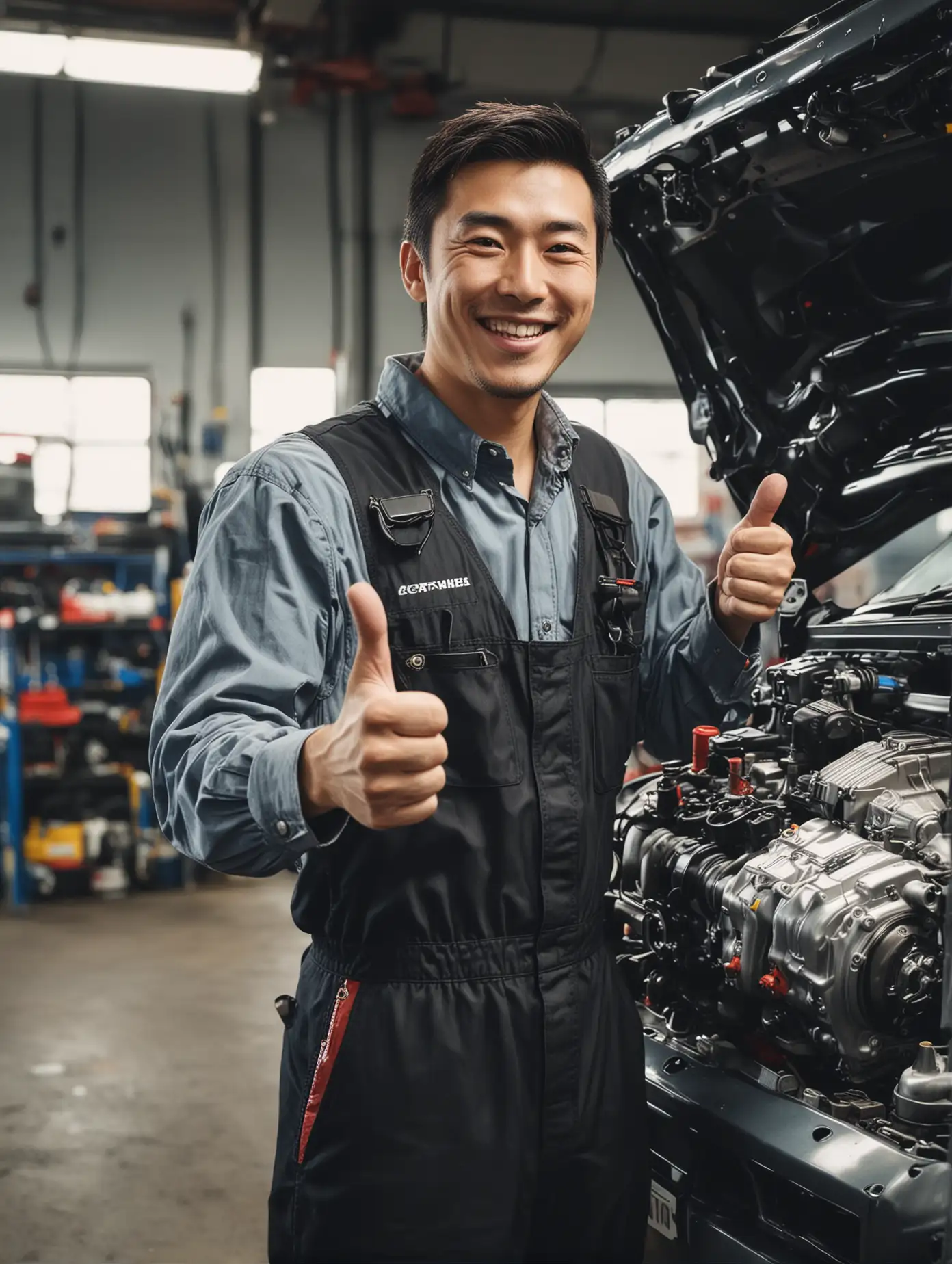 Car in an auto shop with a new Japanese engine, mechanic smiling and giving a thumbs-up. Bright lighting