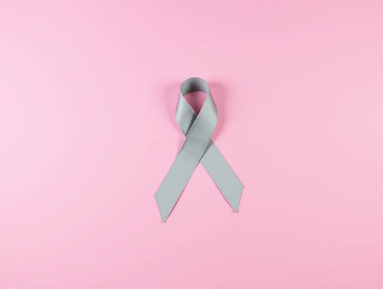 Grey-Ribbon-on-Color-Background-Top-View-Cancer-Awareness