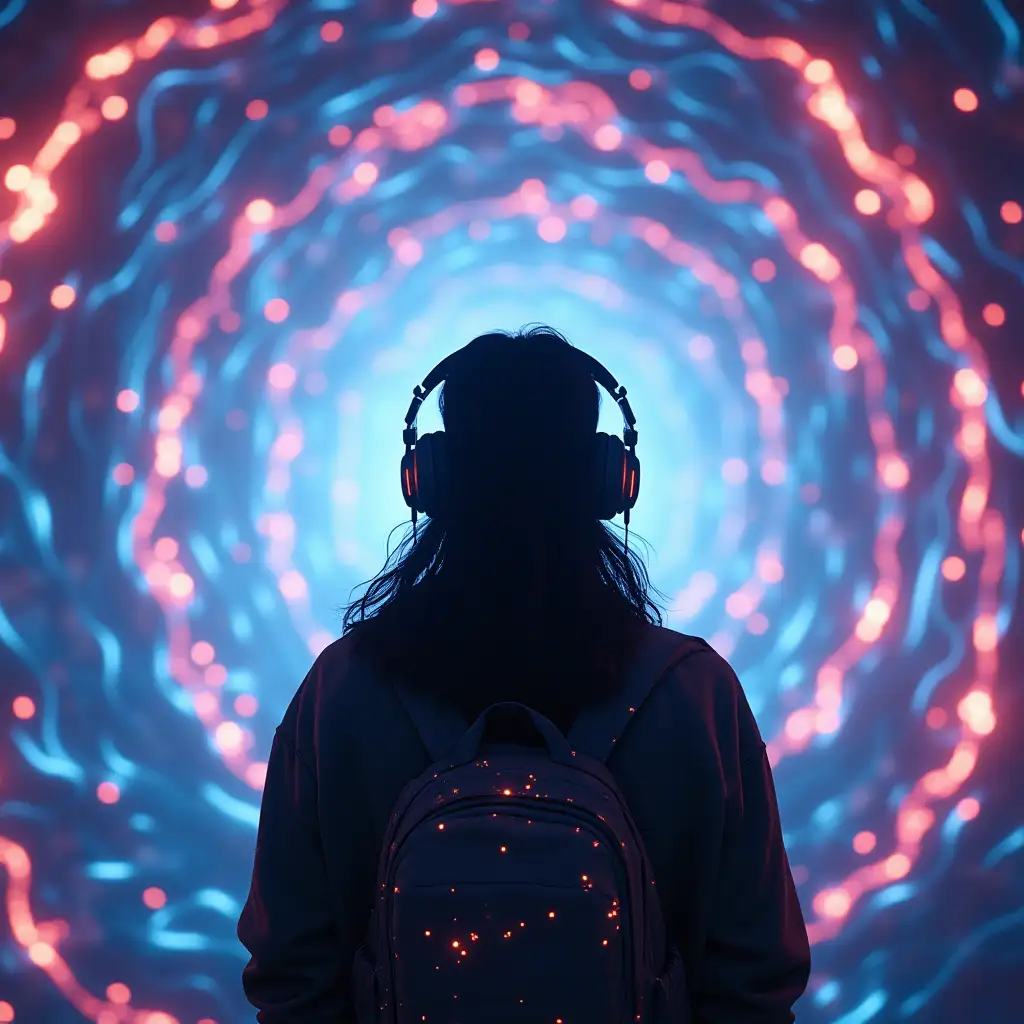 A young Mexican man, long hair down to his shoulders, wearing headphones, on his back, hiphop reflective fashion sweatshirt, Travels through a kaleidoscopic light tunnel formed by intense liquid light and fragments of universes, superdetailed photography style, rendered in Unreal Engine, 4kluminoso floating in the air, hyperrealistic, superdetailed, 8k, movie scene.