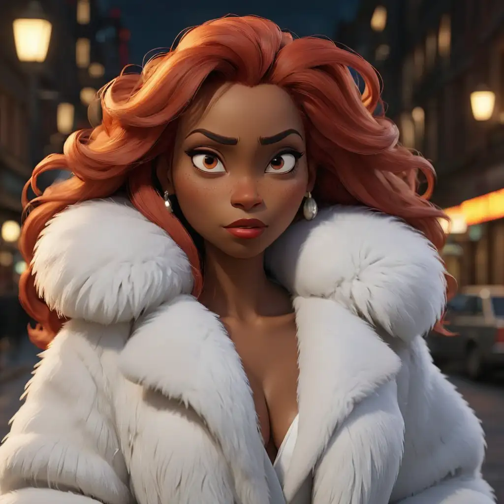 Charismatic-Black-Female-Mafia-Boss-in-a-White-Fur-Coat-at-Night