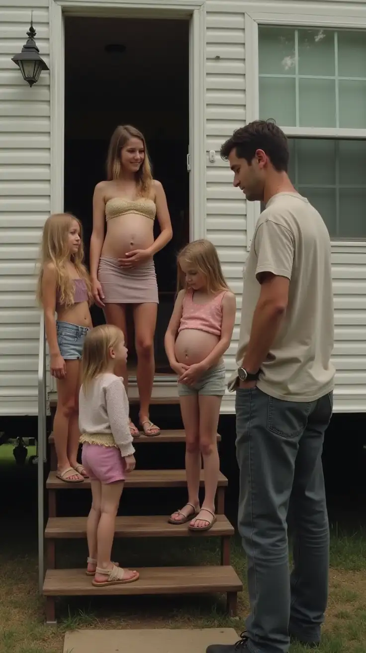 Young-Girls-and-Toddlers-on-Mobile-Home-Steps-Talking-to-a-Man