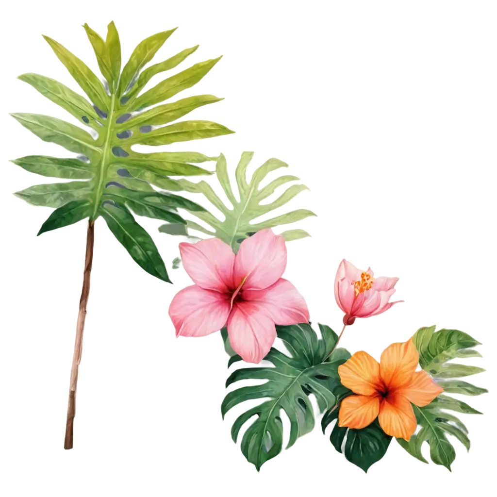 Tropical-Watercolor-PNG-Illustration-Hibiscus-Monstera-Leaves-Vibrant-Tropical-Flowers-in-High-Resolution