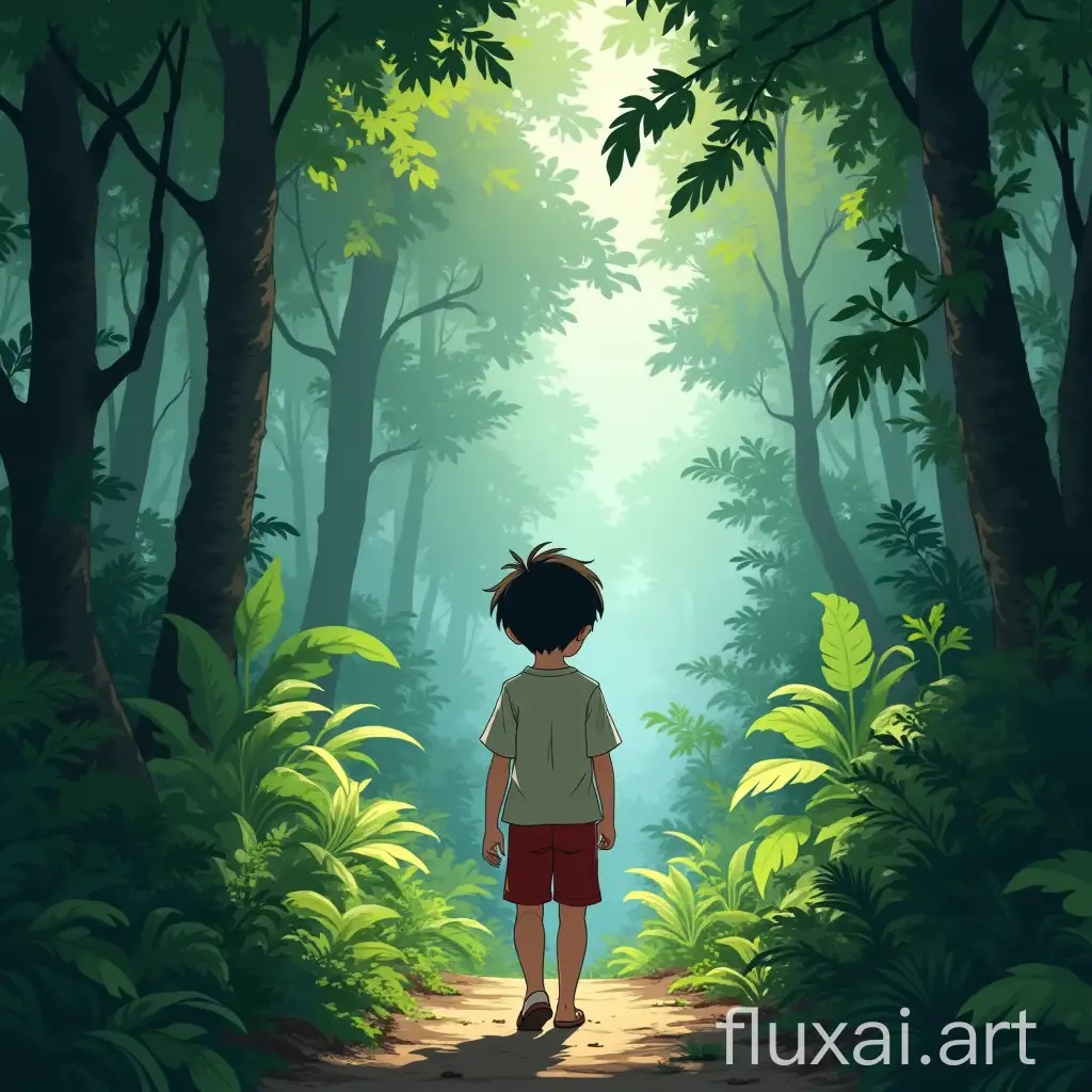 a young boy walking in the jungle, studio ghibli style