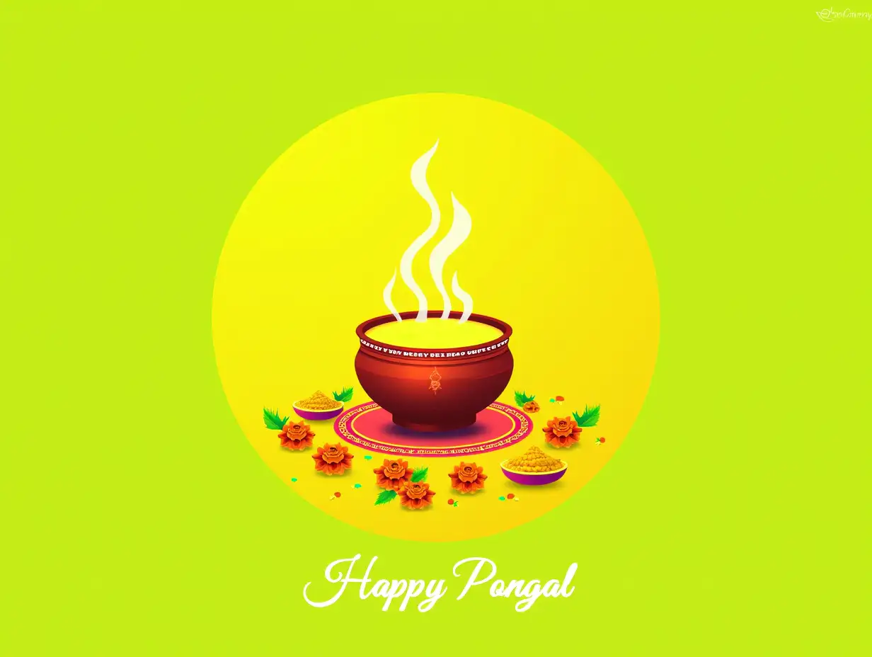 A poster design for Pongal festival with a clean, elegant look. The background combines the festival colors - golden yellow and bright green. At the center, a beautifully crafted Pongal dish is depicted, with steam rising from the pot. Surrounding the dish are small illustrations of traditional Pongal decorations like turmeric flowers and marigolds. The text 'Happy Pongal' is written in a simple, elegant font at the bottom