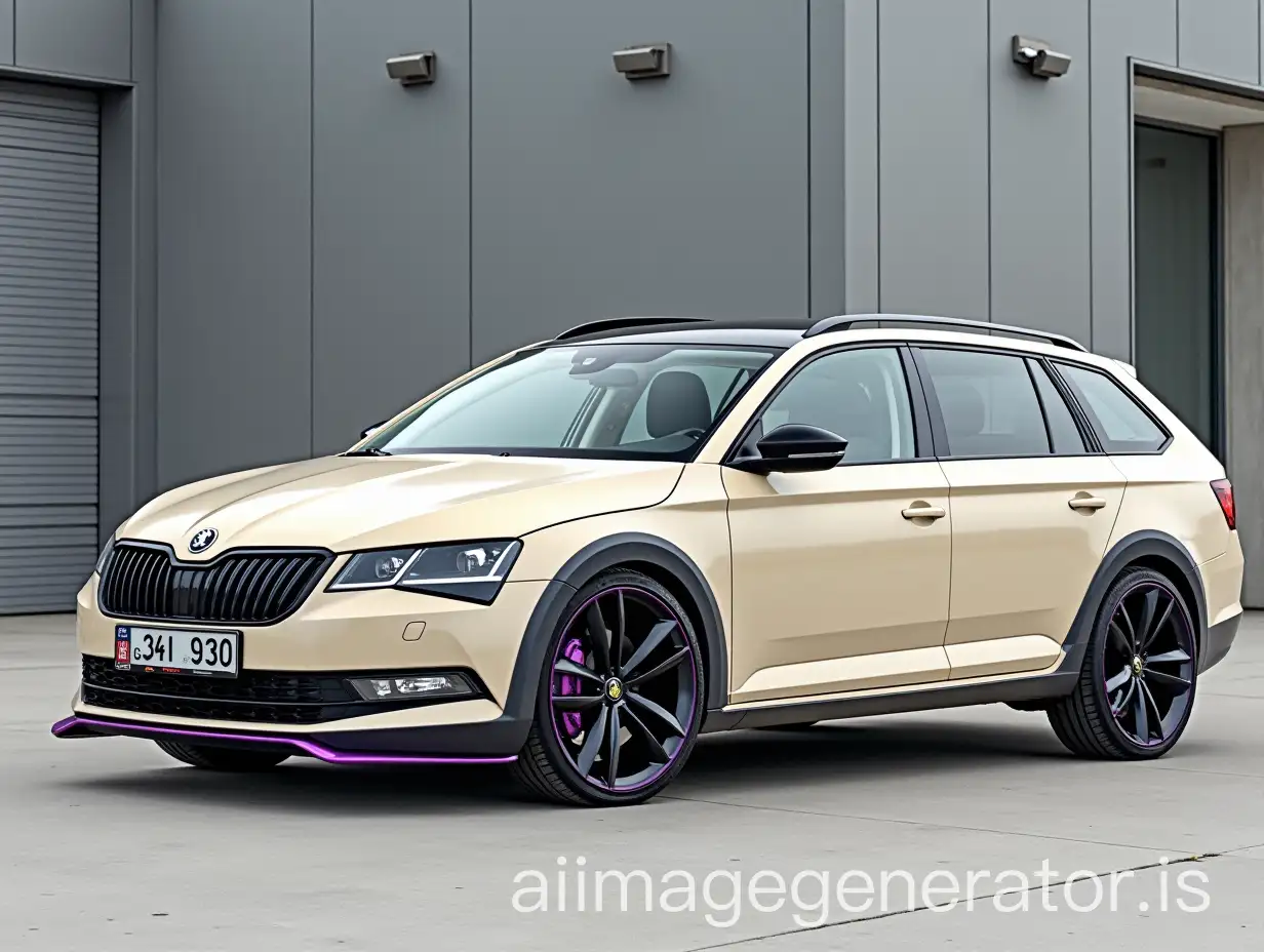 Skoda-Octavia-A7-FL-Liftback-in-Light-Sand-Color-with-Black-Roof-and-Purple-Supports