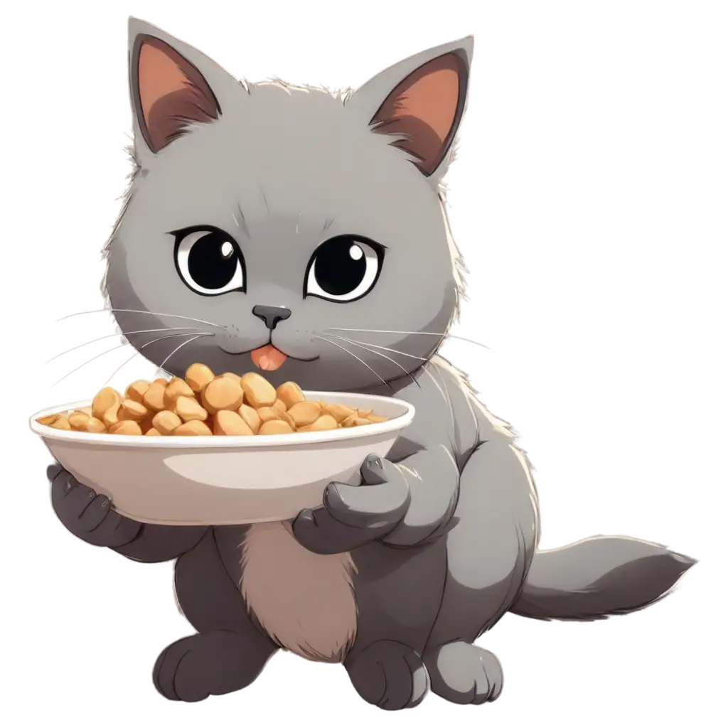 cute gray anime style cat eating food