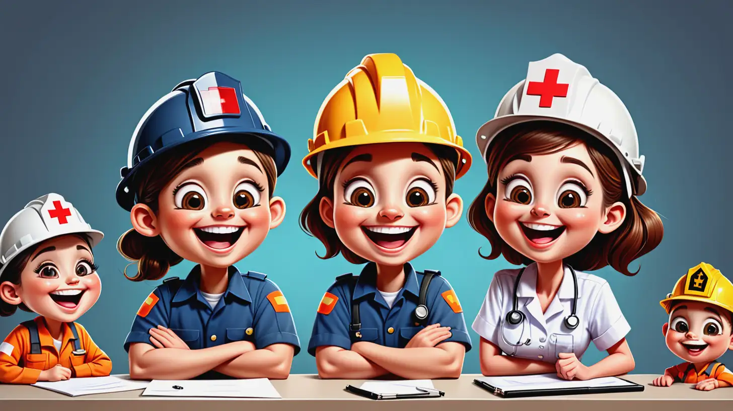 Cheerful Cartoon Characters in Various Occupations Laughing Together