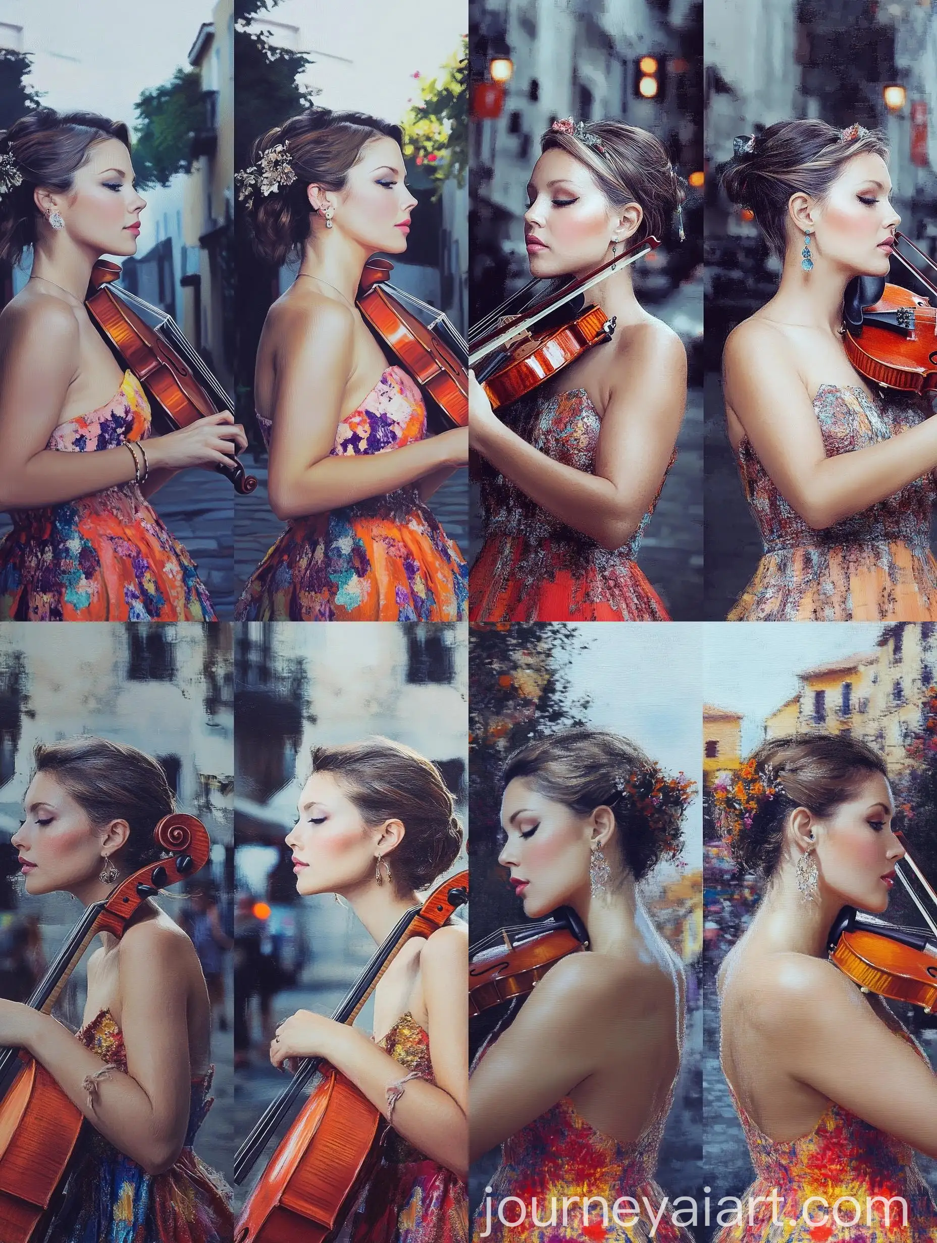 Two-Sisters-Playing-Violin-and-Cello-on-a-Lively-Street