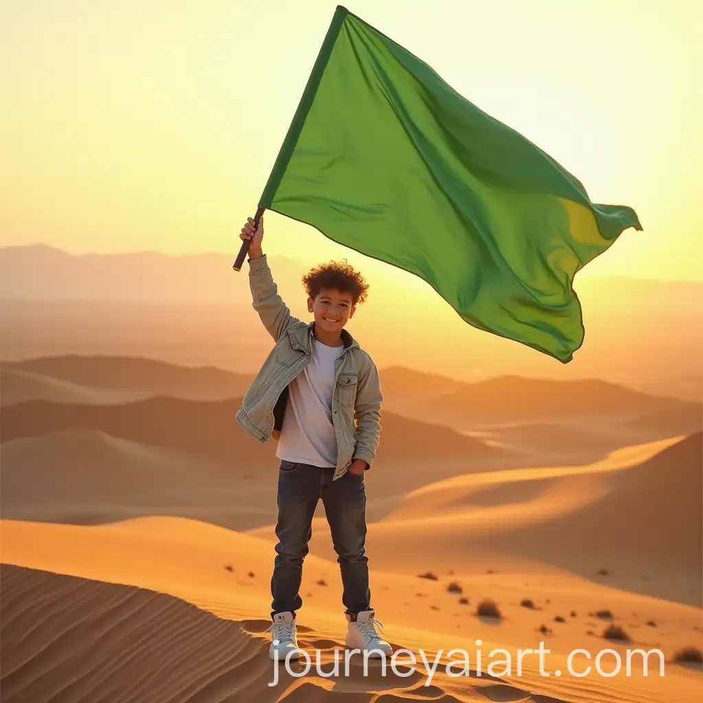 Teenage-Boy-Holding-Green-Flag-in-Desert-at-Golden-Hour