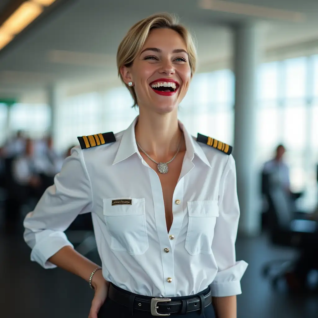 white norvegian pilot lady, in white deep-necked pilot shirt, laughing with her mouth open, red lipstick accentuating her smile,belt on waist, big wide hips, chest are fully grown, jewerly, short hair, HD, enjoing at airport , photo-realism