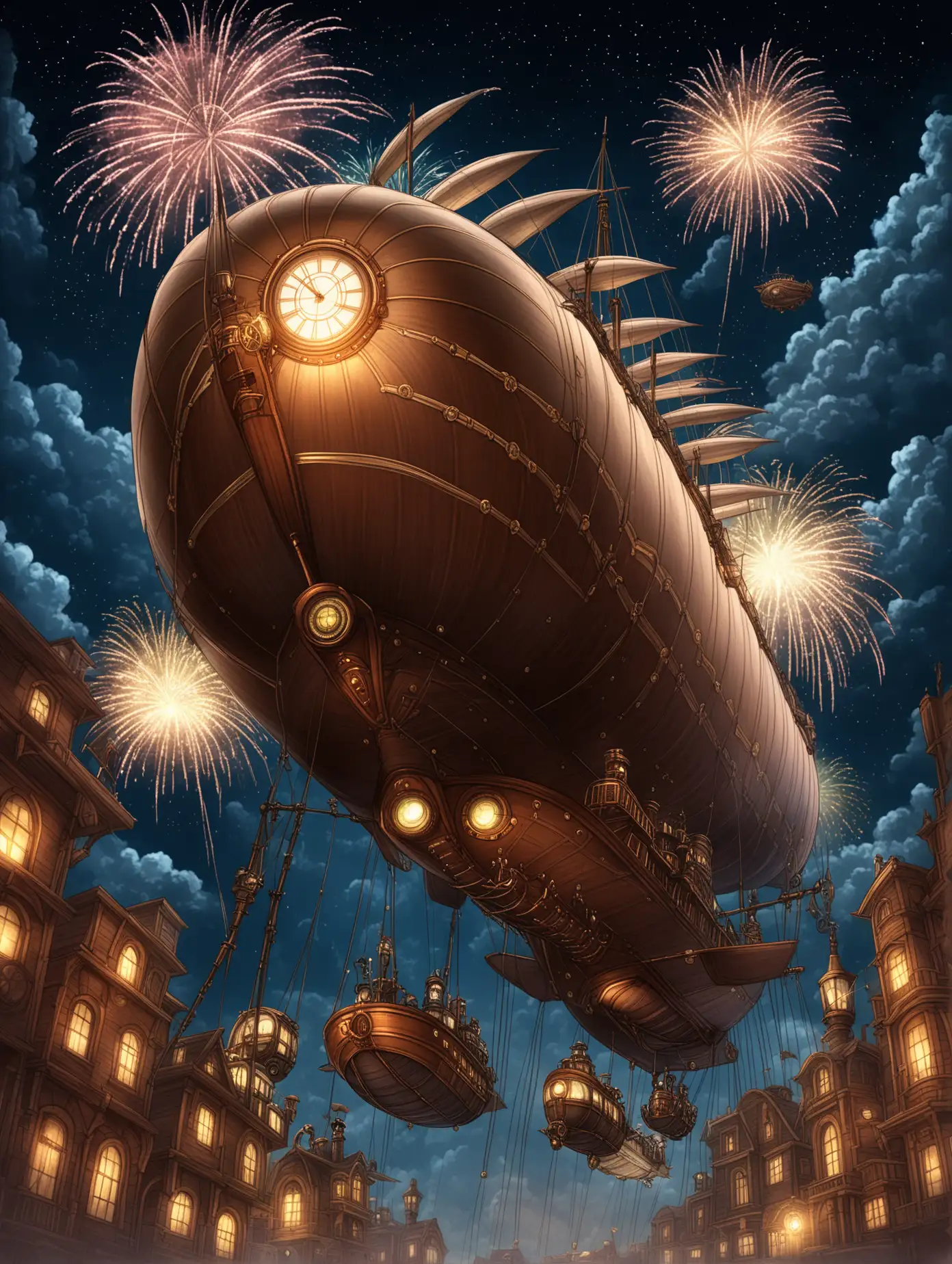 airship in the sky. View from below. Night. Fireworks. Steampunk