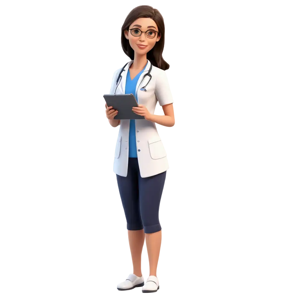 Professional-Female-Doctor-3D-Reading-iPad-Illustration-Free-PNG-and-Clipart