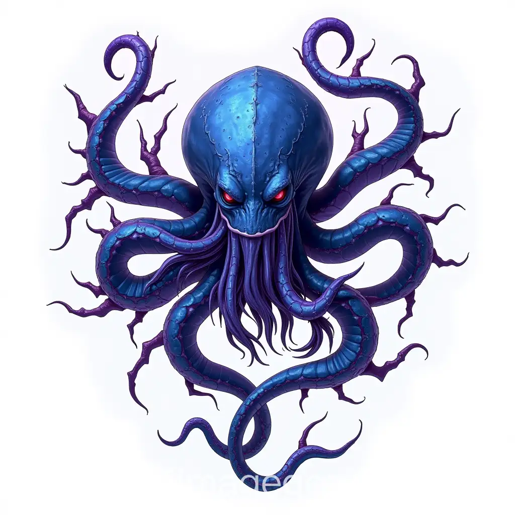A deep blue kraken laced with purple shards. Completly white background.