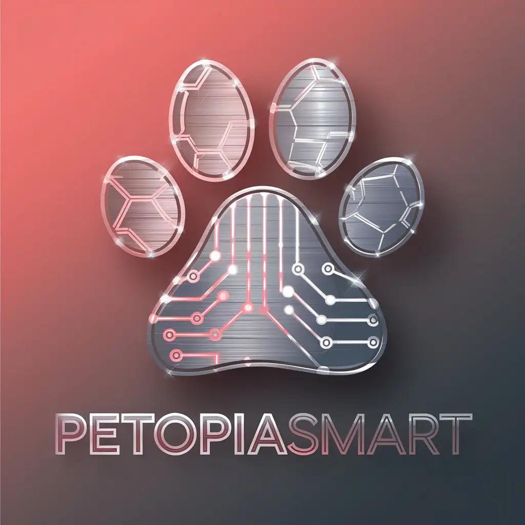 LOGO Design for PetopiaSmart Sophisticated TechInspired Cat Paw with Glowing Circuit Patterns and Warm Coral Pink Gradient