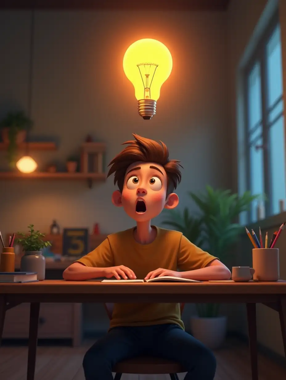 A highly detailed, animated-style scene of a 25-year-old man sitting in a creative studio. There is a glowing light bulb floating above his head, but at a noticeable distance—not touching his head—symbolizing a powerful idea. The boy has an expressive, amazed look on his face, eyes lit with inspiration, as if he just had a genius breakthrough. The environment is rich in color and detail, with soft glowing light radiating from the bulb, casting artistic shadows and highlights. The overall artwork should be breathtaking—visually stunning and imaginative, like a frame from a high-end animated film that leaves viewers in awe.