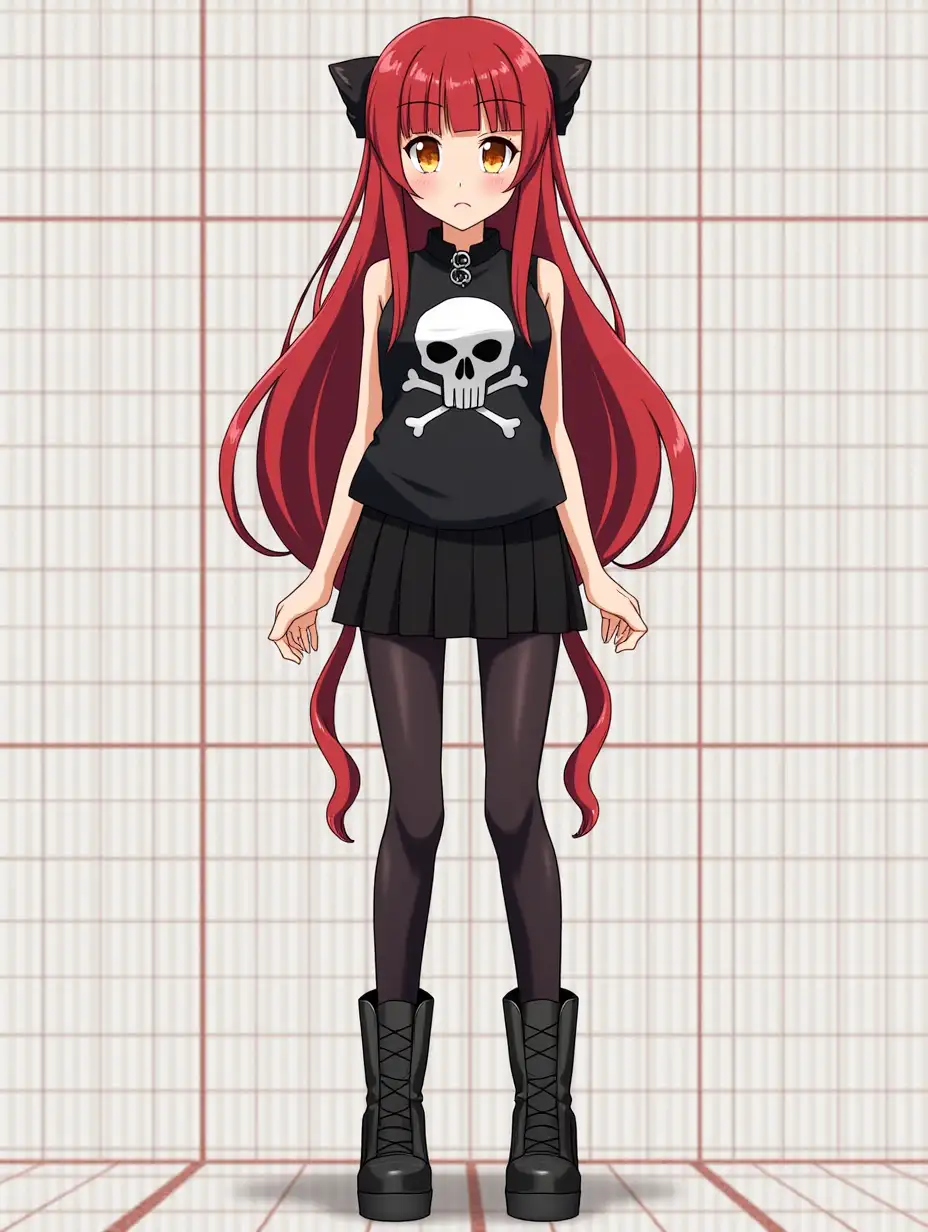 Anime girl, full height, black top without sleeves with skull print, black short skirt, tights in grid, heavy boots on legs, long red hair, black outline, two tails