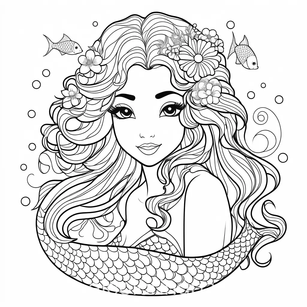 beautiful happy, cute mermaid with curly hair and flowers in her hair , fish in the background , easy to color , coloring page, Coloring Page, black and white, line art, white background, Simplicity, Ample White Space