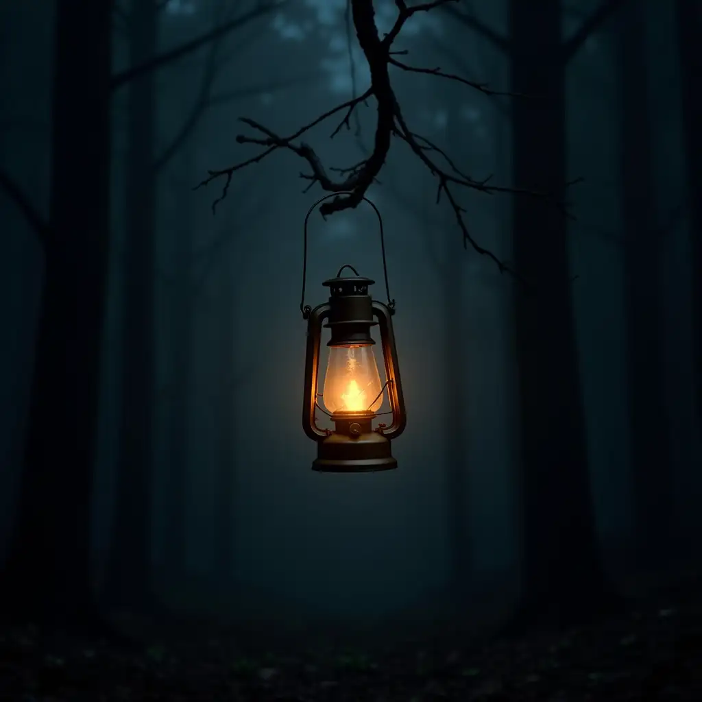 A lantern hanging in a dark forest