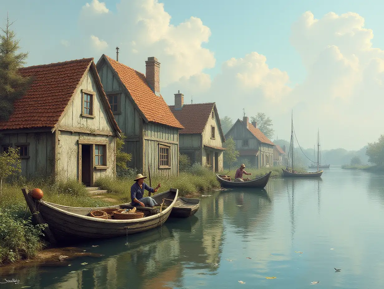 Dreamlike houses next to a river with fishermen, fishing nets, fish baskets and a small boat.