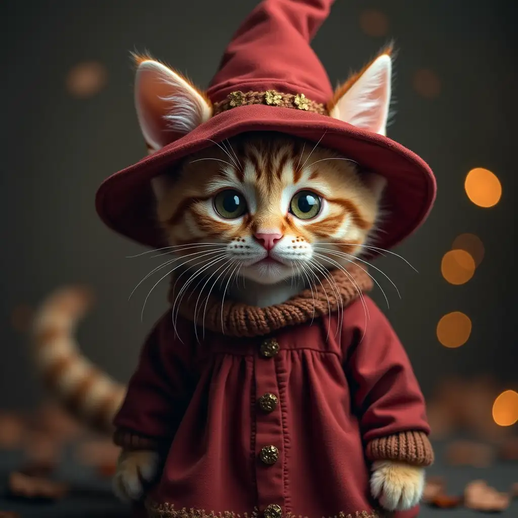 Holiday costume for cat cosplay; cute kitten style very realistic; it changes into a witch; generate an image for each clothing