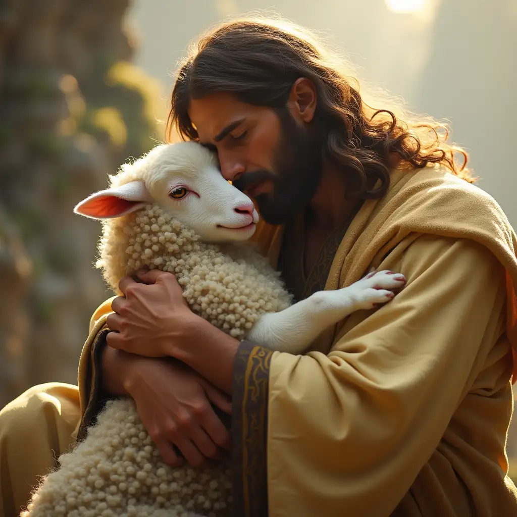 Jesus-Embracing-a-Sheep-with-Gentle-Care-and-Compassion