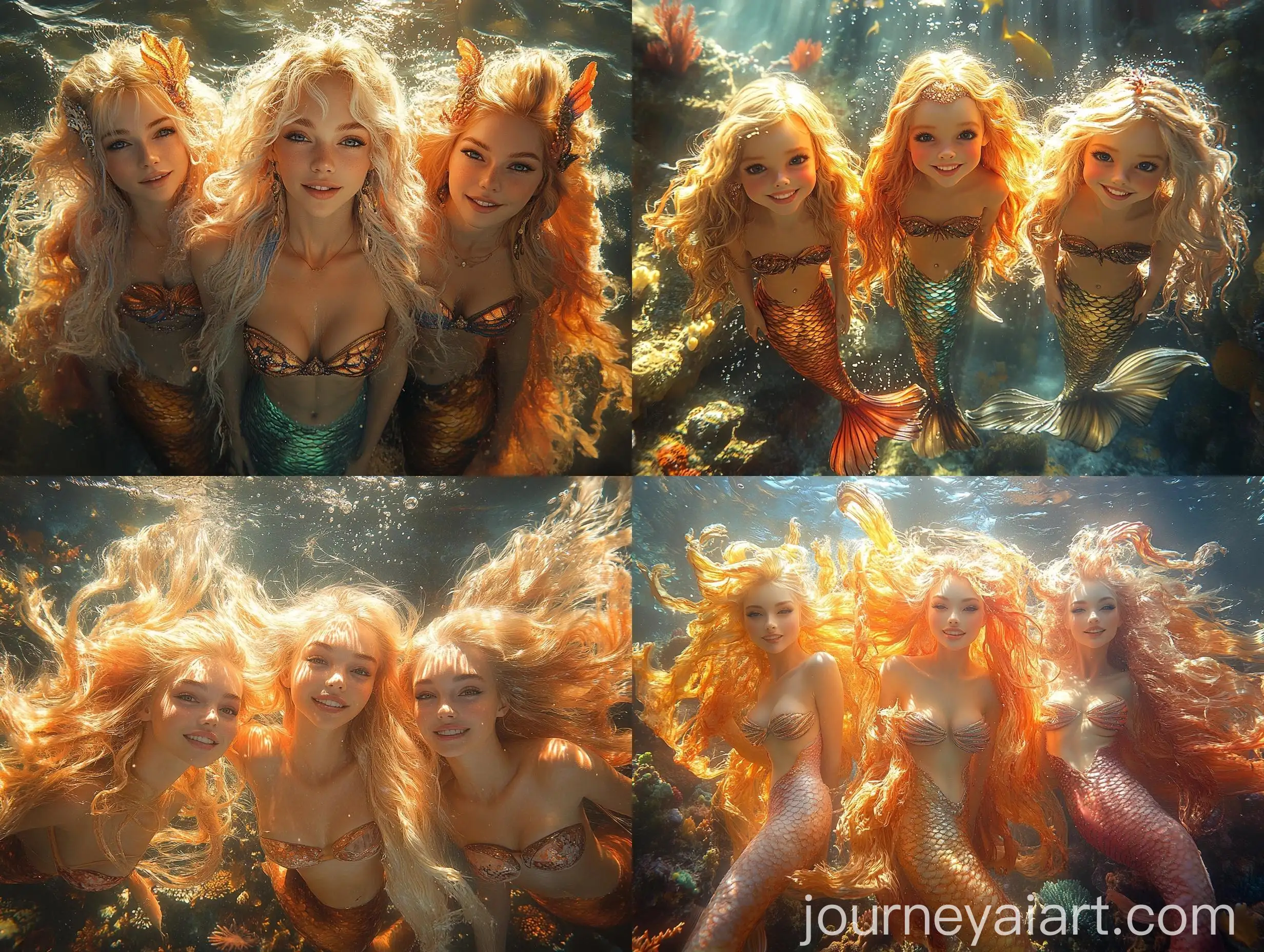 Three-Beautiful-Blonde-Mermaids-Smiling-in-Colorful-Underwater-Reef