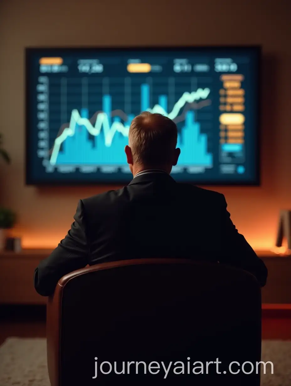 Wealthy-Investor-Relaxing-in-Front-of-4K-TV-Showing-Investment-Profits