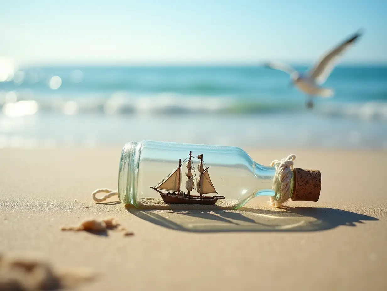 A close-up of a glass bottle lying on a sandy beach, with a meticulously crafted miniature sailing ship inside. The bottle is sealed with a cork and has a white rope tied around its neck. The sand is fine and slightly textured, with small shadows adding depth. In the background, the ocean stretches to the horizon, with gentle waves touching the shore under a clear blue sky. A blurred silhouette of a seagull is visible in the distance, adding a touch of life to the serene setting. The lighting is natural and soft, with warm sunlight casting subtle highlights and reflections on the bottle's surface. The image has a slightly dreamy, nostalgic atmosphere, evoking a sense of adventure and mystery.