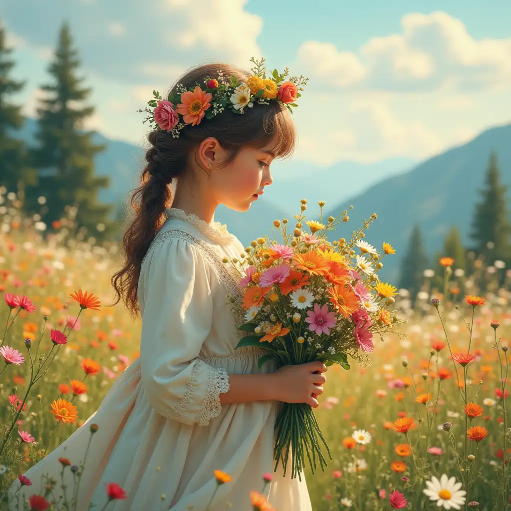 In the style of Constantin Makovsky and Alphonse Mucha. Pixel sharpness, elegant, fairy tale, miniature, meticulous, high resolution, vivid juicy, soft pastel tones, bright color, photorealism, hyperdetailed, 3D effect, 16k, detailed drawing of details, volumetric watercolor, colored ink and feather drawing, professional photography, dark botanical, high detail, clear lines. A cute girl gathers a bouquet of meadow flowers in a paradise meadow in the mountains of Dagestan