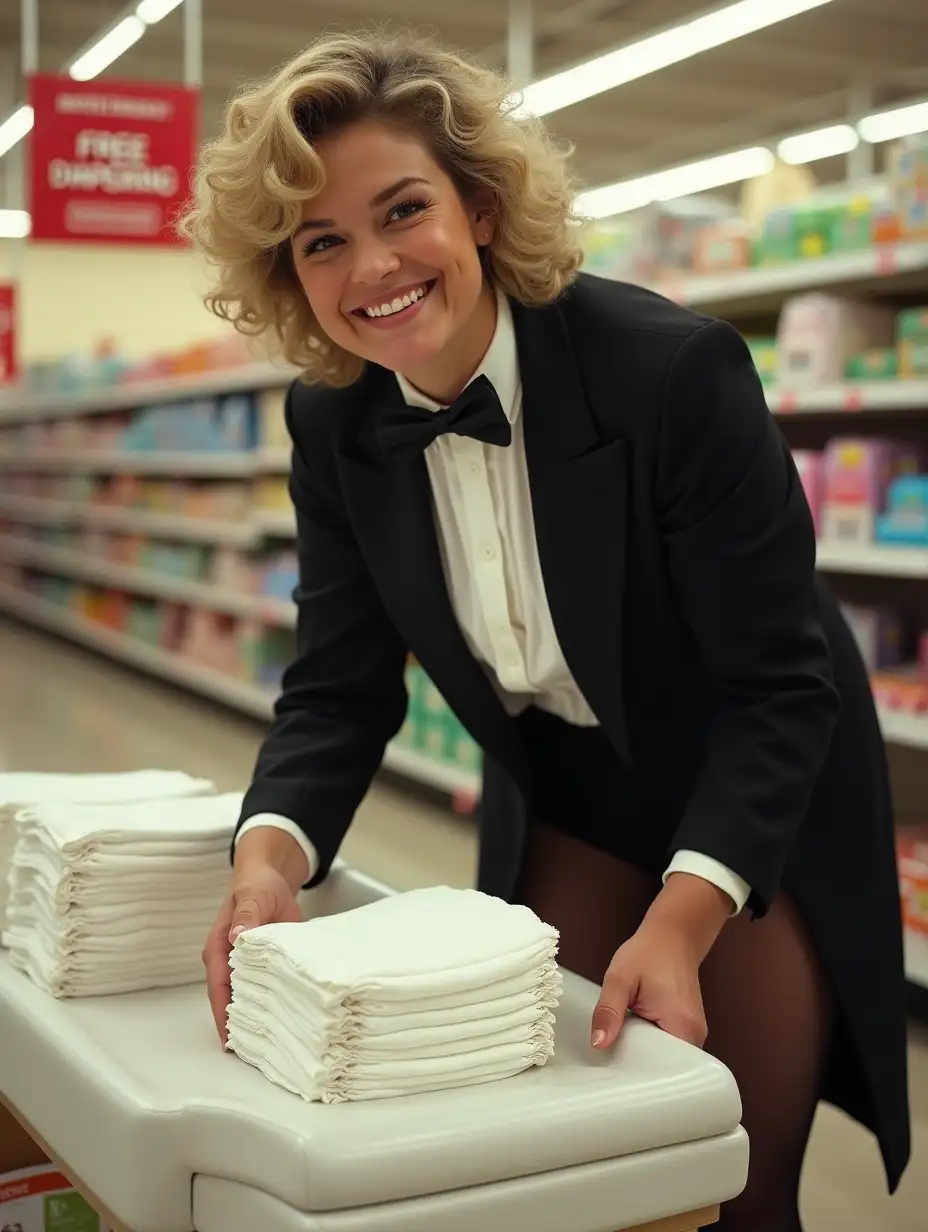 Product-Demonstration-of-Diapers-by-a-Young-Woman-in-Tuxedo-at-Supermarket