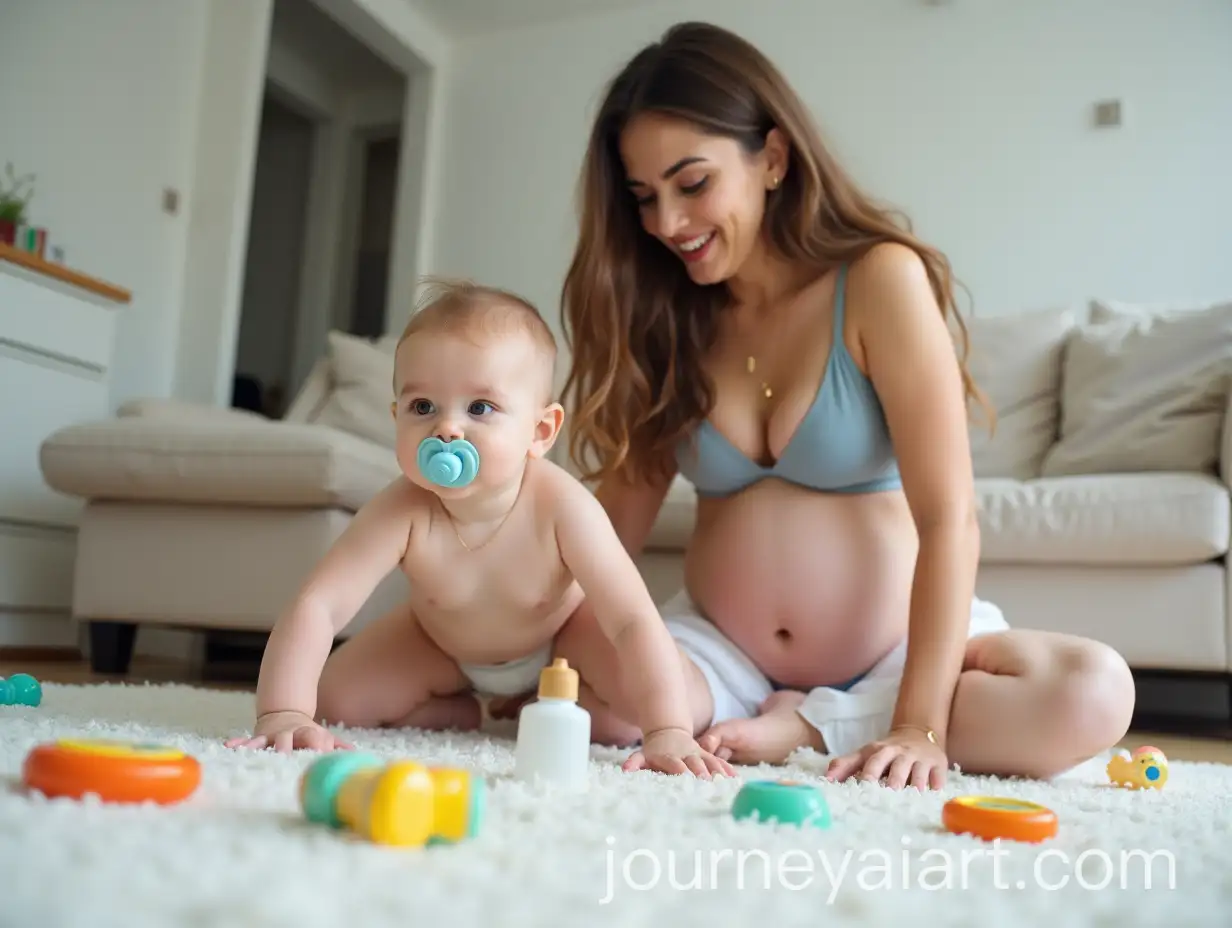 Pregnant-Iranian-Mother-Playing-with-Baby-Boy-in-Living-Room