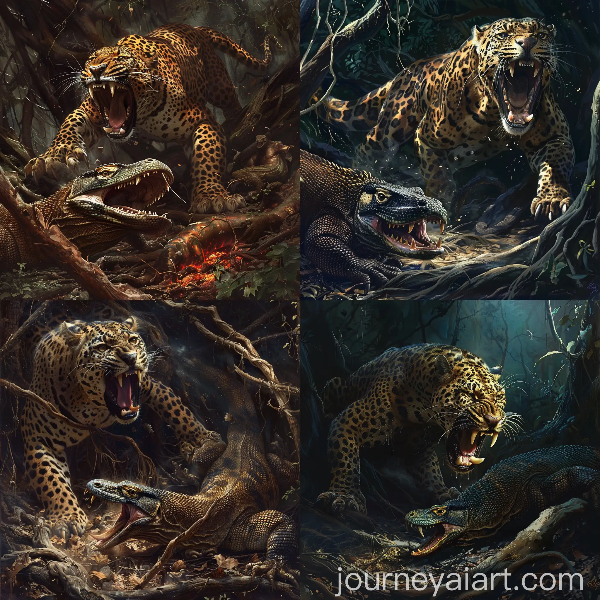 Fierce-Leopard-Roaring-Over-Komodo-Dragon-in-Dark-Forest