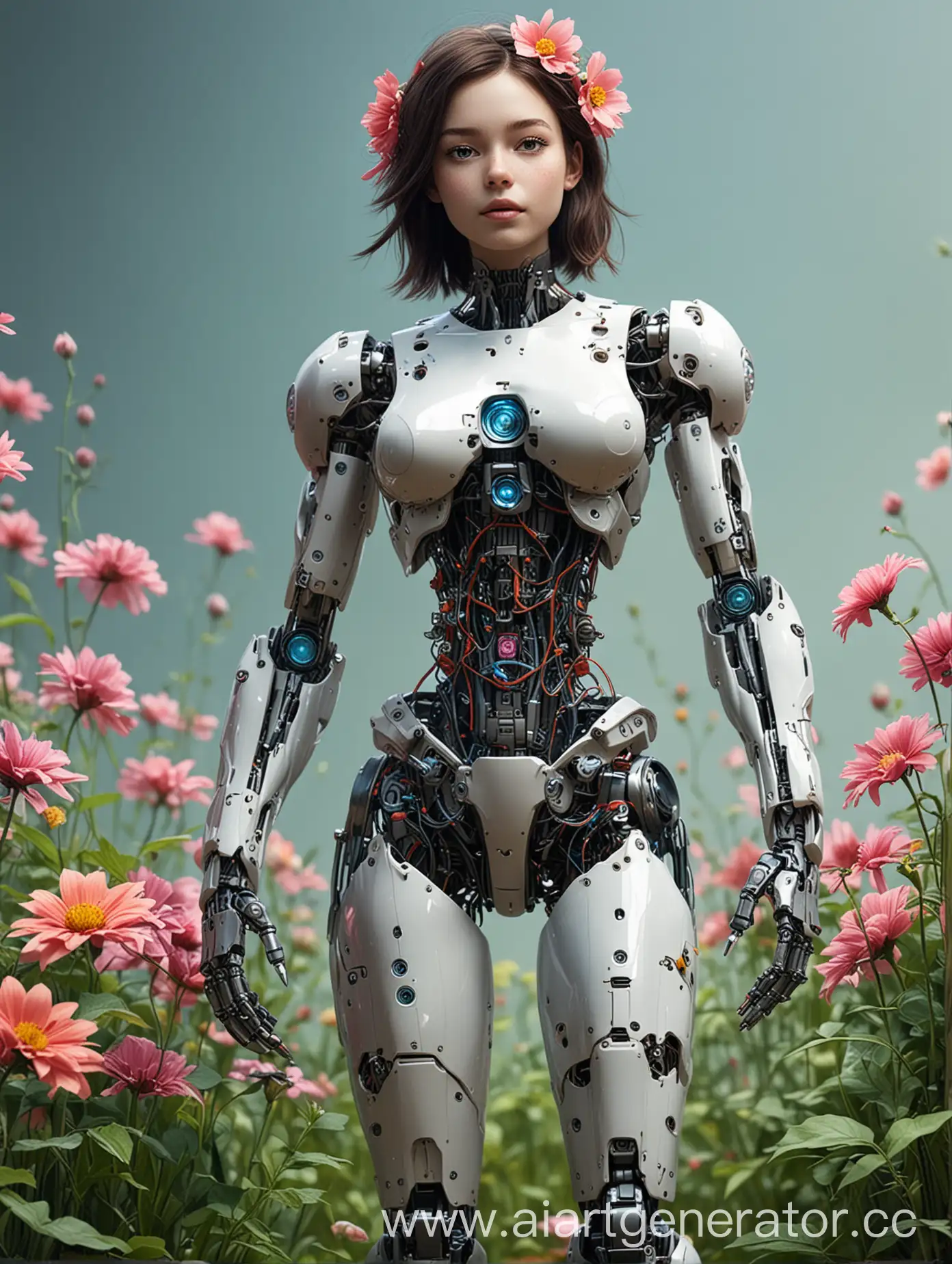 create a robot girl who grows flowers