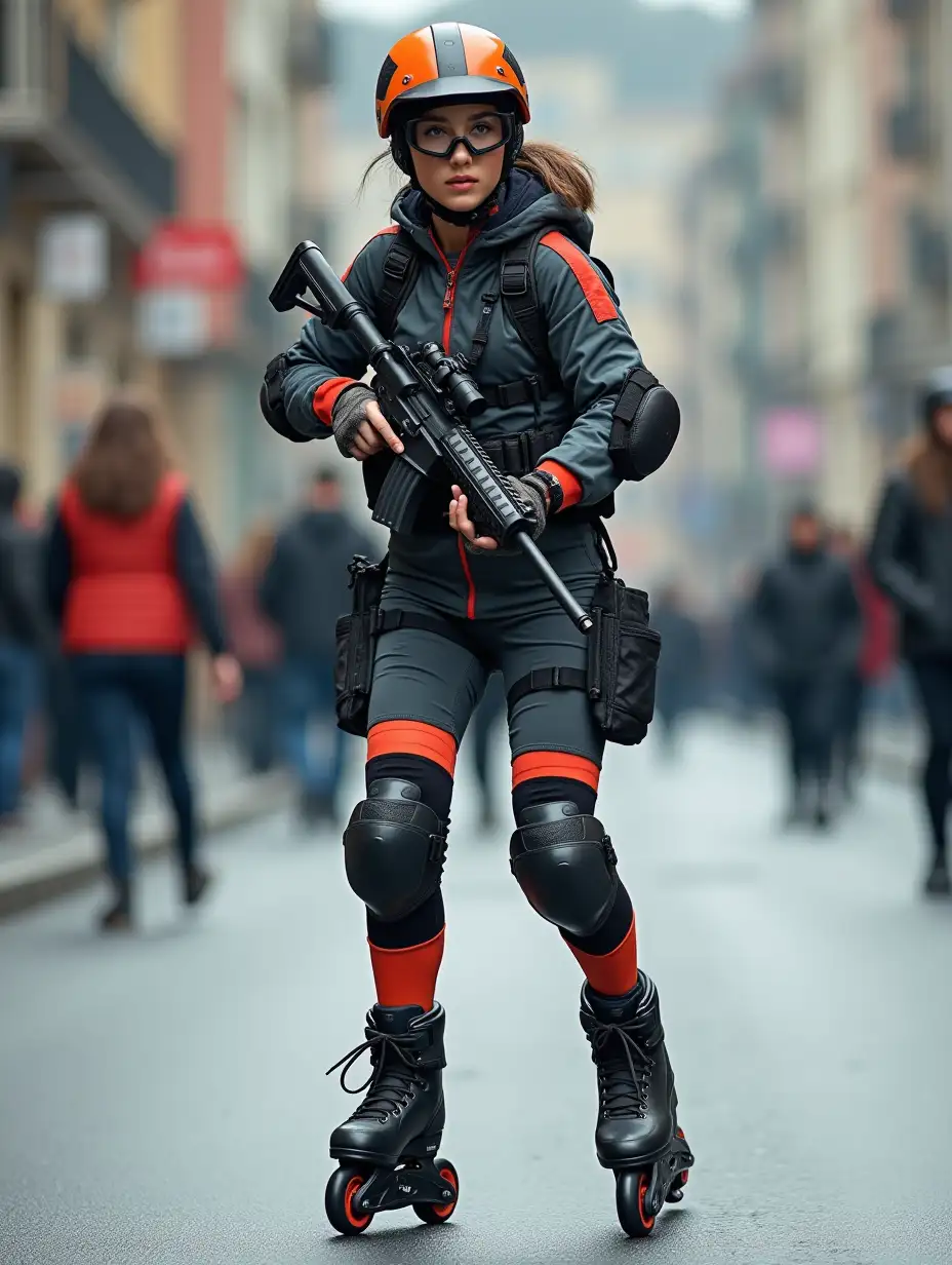 a 17 year old airsoft geared woman at a distance, she is skating on a street, holding a weapon, ordinary people in background, clothes have racing colors, she is wearing lots of functional sportswear, cycling gloves, airsoft helmet with transparent visor over eyes, smartwatch, thick plastic knee pads, modern inline skates with complete organized wheels