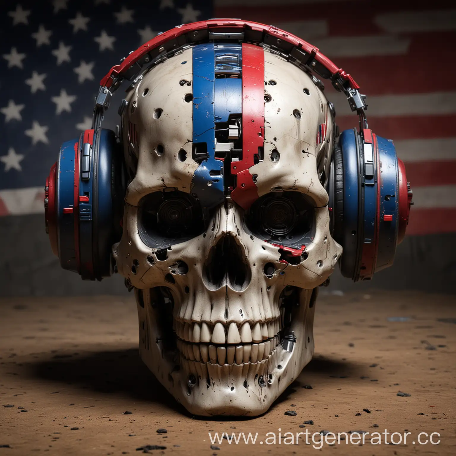 robotic skull with red, white and blue with 107.3 Patriot Radio