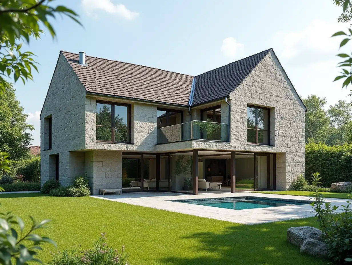 KI Quadratischer Haus In der Prärie sehr großen Gärten,Stein Stuck große Fenster mit Glas,geschwungene, Rauen Fensterformen, gewundene zwei große Eingangstreppe aus Stein,4K-Auflösung farbenfroh superWeitwinkel Aufnahmen