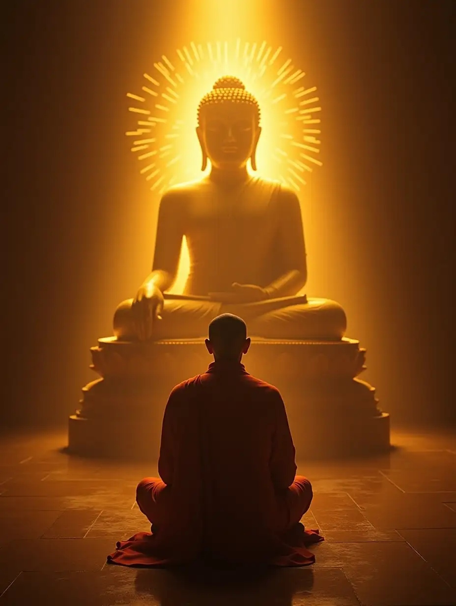 A monk is meditating in front of a Buddha statue, the Buddha statue emits swastika-shaped golden light