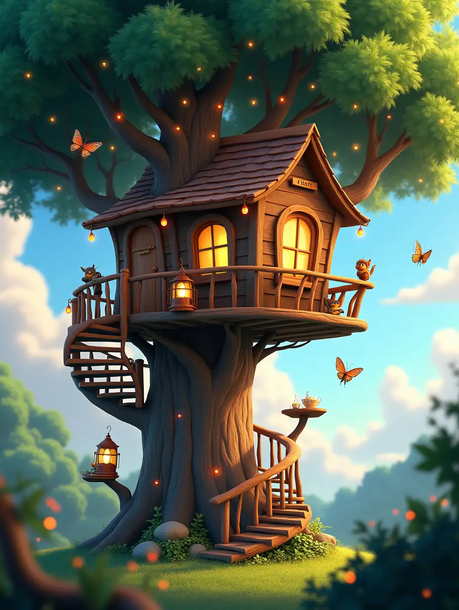 Create a stunning and dreamy image during the day, a very very close-up view of a whimsical treehouse, in the style of Disney 3D animations. The treehouse is perched atop a tall, lush tree, with spiral stairs leading up the tree trunk. The treehouse is decorated with warm, glowing wooden lanterns and string lights that gently glow in the sunlight. The sun's rays cast soft shadows through the leaves. The traditional, old-fashioned wooden windows, on the small balcony, a pair of wooden chairs and a small table, with a cup of tea scattered around. Around the treehouse and on the branches, a few cute and playful squirrels are frolicking, colorful butterflies flutter in the air, and the chirping of birds fills the space. In the background, the forest is drawn with its soft, charming shadows and the bright blue sky is dotted with fluffy clouds. This image should evoke a sense of peace, magic, and wonder, just like in a Disney fairy tale, and 'It should give the viewer the feeling of entering a beautiful and fantastic world.'