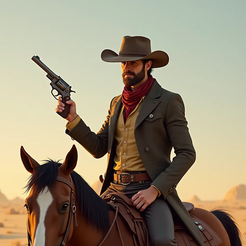 A wild west character with a revolver in his hand and a hat sitting on a horse