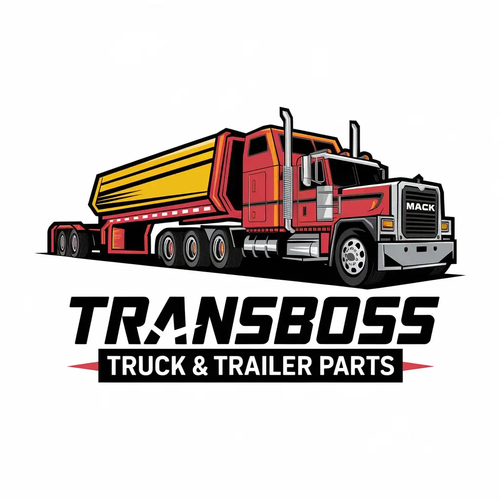 LOGO Design for TRANSBOSS Powerful Mack Truck Symbol with Red Black and Yellow on White Background